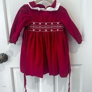 Red Smocked Corduroy Dress with White Collar